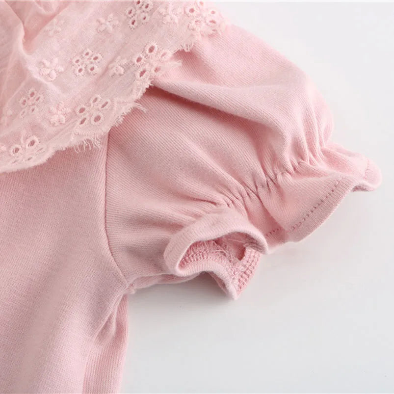 Sweet Princess Style Baby Girls Summer Solid Color Shirt Ruffles Lace Short Sleeve Soft Cotton Shirt Children Tops Outwear