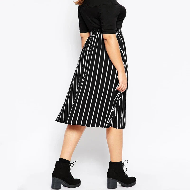 Plus Size High Elastic Waist Casual Striped Skirt Black And White Summer Spring Elegant Fashion A-line Midi Skirt 5XL 6XL 7XL 8X