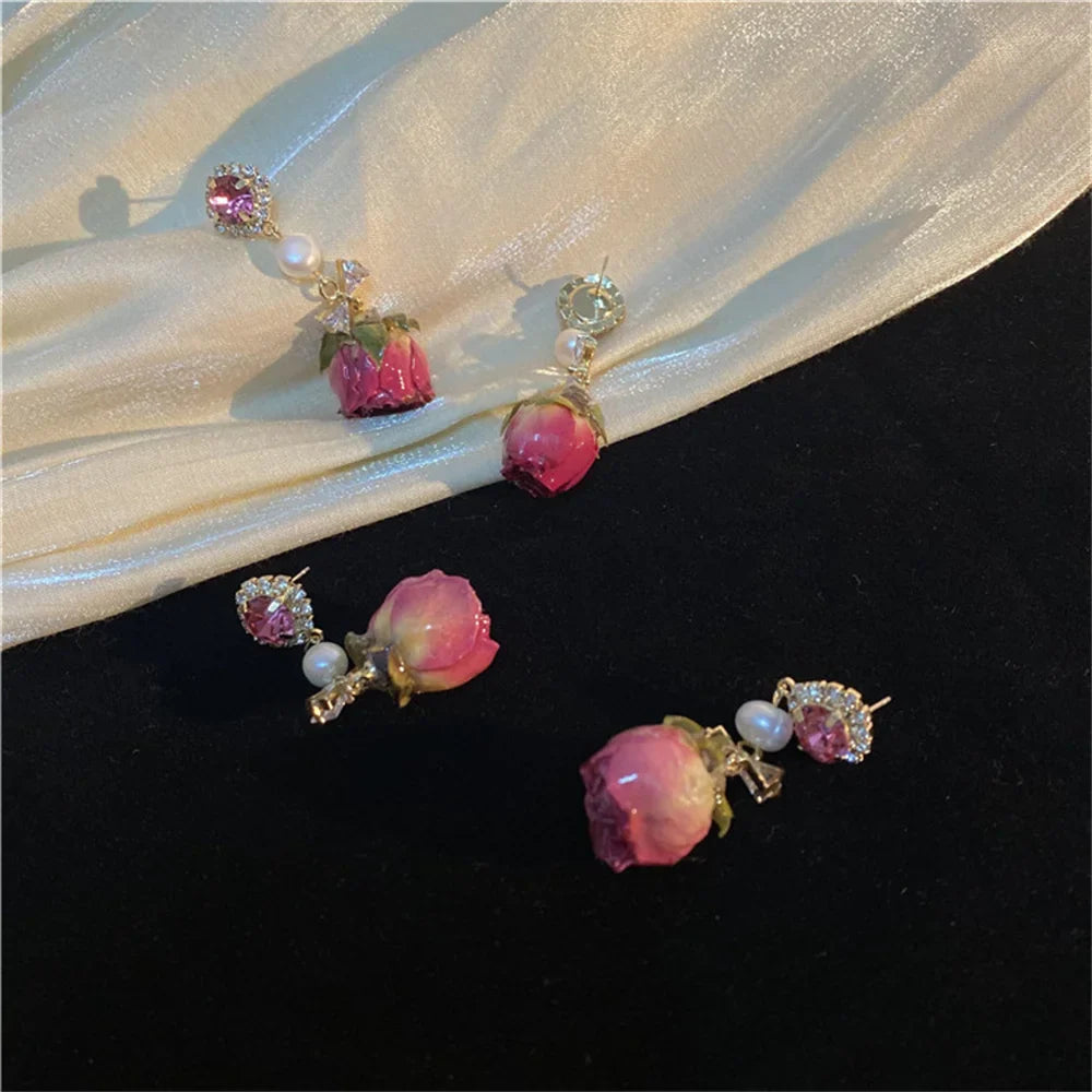 Retro Natural Real Flower Eternal Flower Earrings Niche Design Sense Freshwater Pearl Femaleaint For Women Long Earrings Jewelry