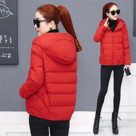 Short Hooded Cotton Jacket Women Parka Coats Autumn Winter Windproof Warm Outwear Solid color Padded  4XL 5XL Zip Cotton Jacket