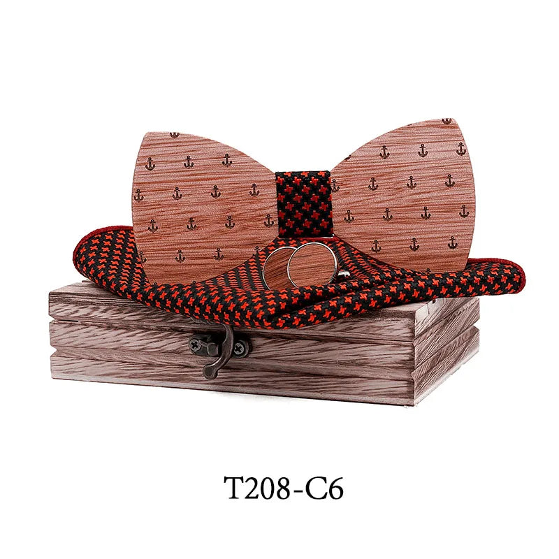 Adjustable Walnut Wooden Bow Tie For Men Pocket Square Cufflinks Brooch Set And Wood Box Suit Wedding Novelty Neck Ties anchor