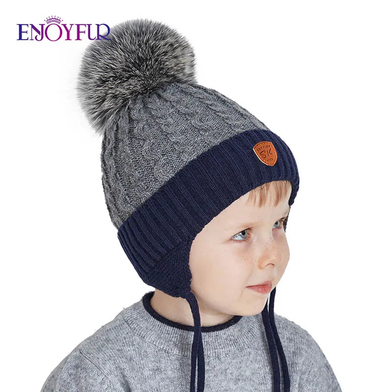 ENJOYFUR Warm Winter Baby Knitted Hats Real Fur Pompom Fleece lined Boy Caps Cute Thick Kids Elastic Earflap Outdoor Ski Beanies