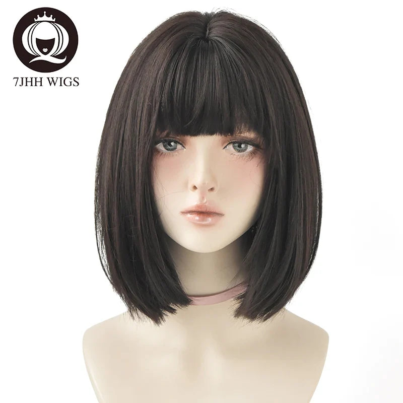 7JHH WIGS Black Short Bob Wig for Girl Daily Wear Synthetic Wig New Style Natural Supple Summer  Heatresistant Wig With Bangs