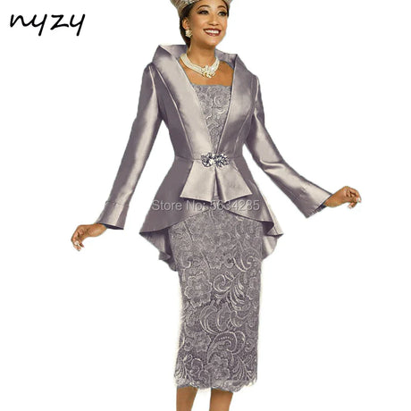 2 Piece Gold Mother of the Bride Groom Lace Dresses with Jacket Coat 2020 NYZY M23B Formal Dress Party Cocktail Church Suits