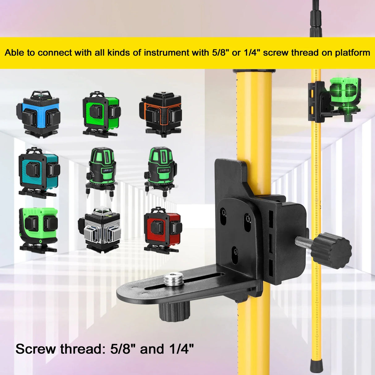 Telescopic Pole for Line Leveler Aluminum Alloy Adjustable Lift Extend Bracket Holder Stand Support for 1/4''& 5/8'' Laser Level