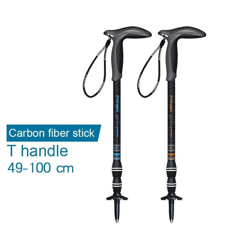 Walking Stick Carbon Fibers T-handle Adjustable 49-100cm 3 Section Inner Lock Mountain-climbing Crutch Outdoor Hiking