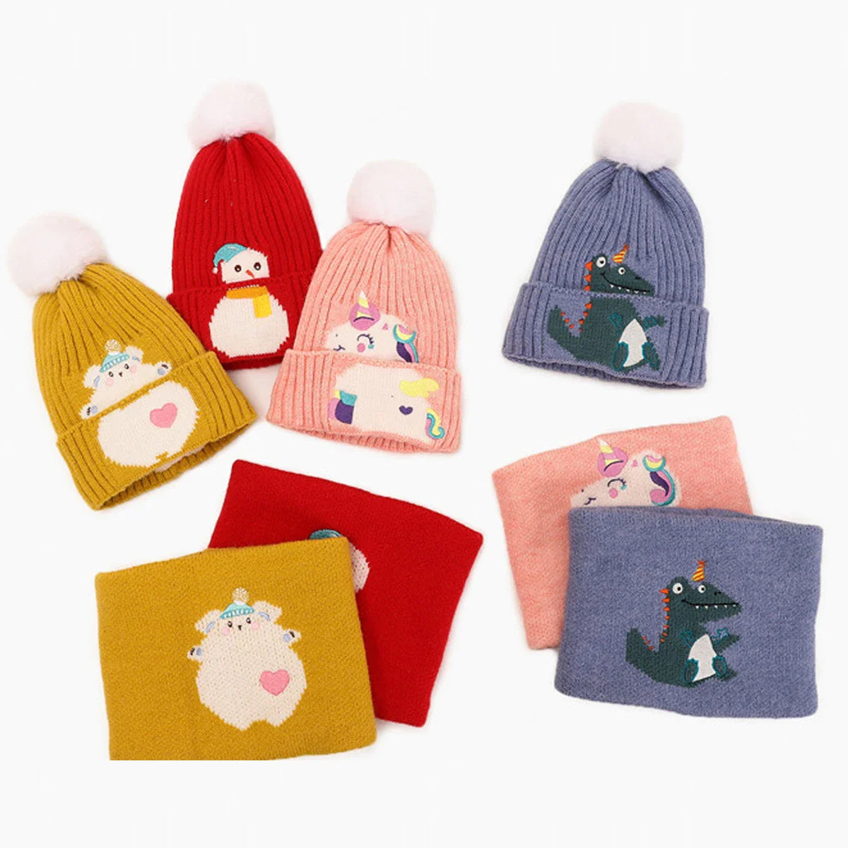 Children’s Hat Set 2021 Autumn And Winter Dinosaur Unicorn Baby Knitting Cap Cartoon Scarf Warm Wool Cap