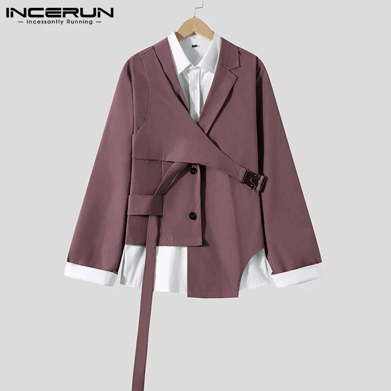 INCERUN Fashion Men Blazer Streetwear Lapel 2023 Long Sleeve Casual Irregular Suits Solid Color Button Thin Coats Men S-5XL