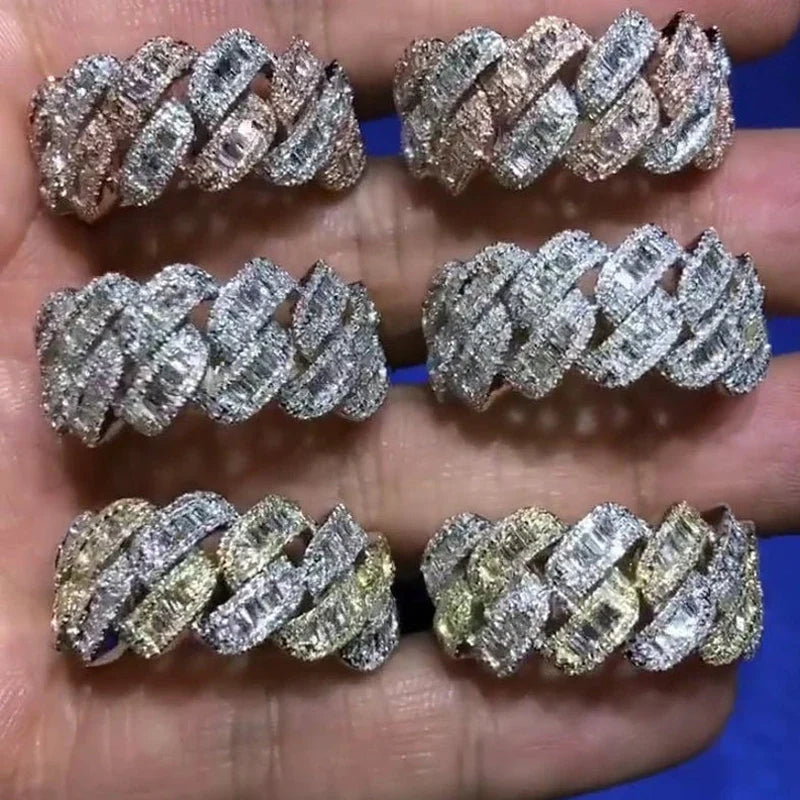 2023 New Iced Out Bling Men Finger Jewelry Full Paved Rectangle Cubic Zirconia 5A CZ Cuban Link Chain Engagement Ring