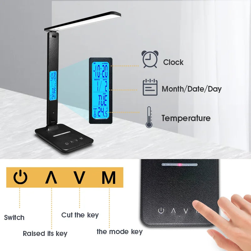 Hot QI Wireless Charging LED Desk Lamp 10W With Calendar Temperature Alarm Clock Eye Protect Reading Light Table Lamp LAOPAO