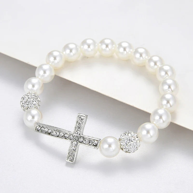 1 Pc Fashionable Imitation Pearl Beaded Bracelet Cross Pendant Elastic Bracelet Jewelry Decoration Souvenir Gift for Women