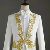 (Jacket+Pants) 2 Piece Wedding Suit White Embroidery Tailcoat Set Singer Host Swallowtail Costumes Magician Chorus Stage Suits