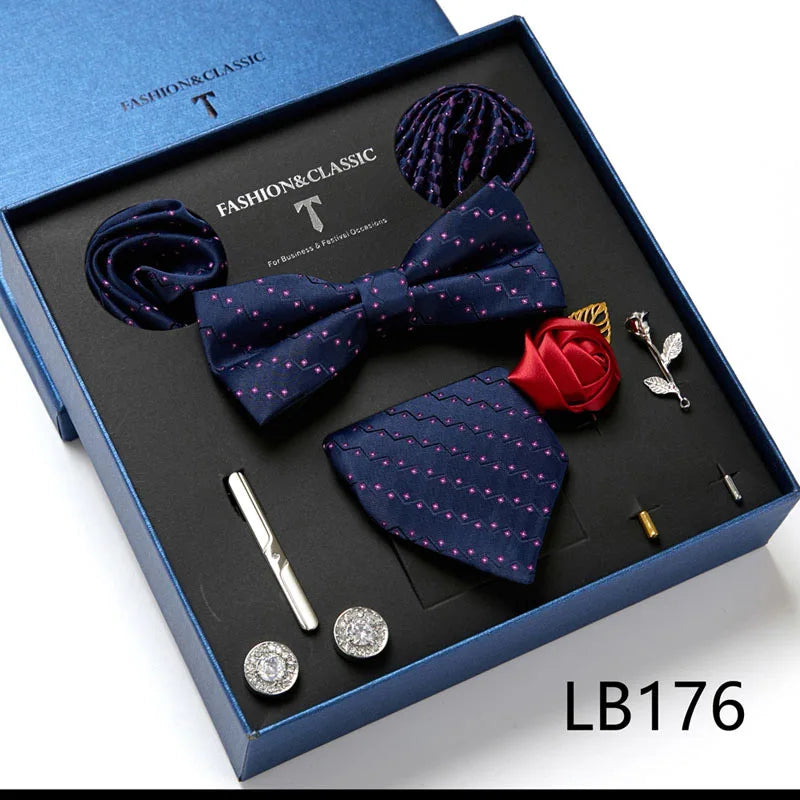 Holiday Gift Box Tie For Men 7.5 cmTie Hanky Pocket Squares Cufflink Set Bow Tie Clip Necktie Box Purple hombre Geometric Office