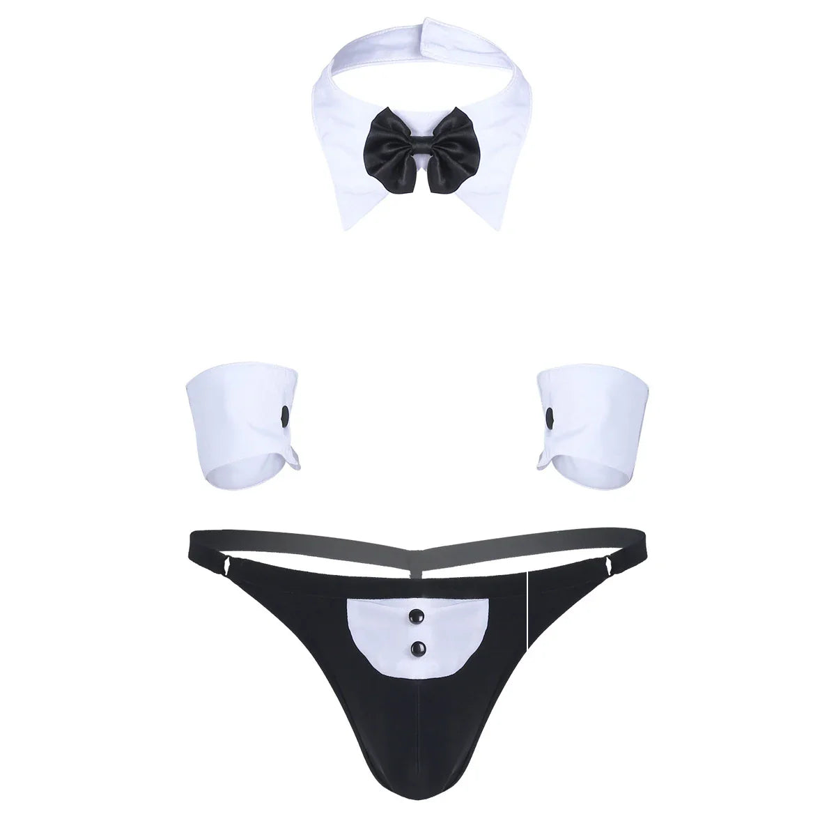 Mens Waiter Tuxedo Lingerie Sexy Cosplay Costume Role Play Uniform See Through Briefs Underwear with Bunny Ears Headband Collar