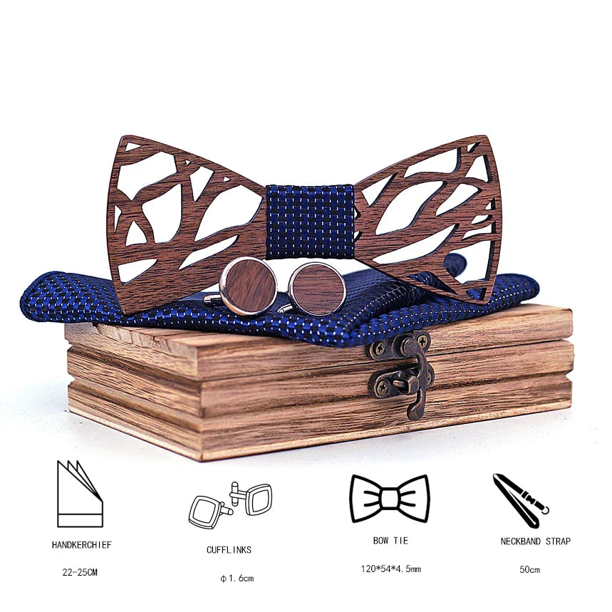 Fashion Hollow Carved Wooden Bow Tie Navy Blue Solid Handmade Wood Bowtie Suit Mens Wedding Gravate Cufflinks Sets Accessories