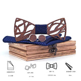 Fashion Hollow Carved Wooden Bow Tie Navy Blue Solid Handmade Wood Bowtie Suit Mens Wedding Gravate Cufflinks Sets Accessories