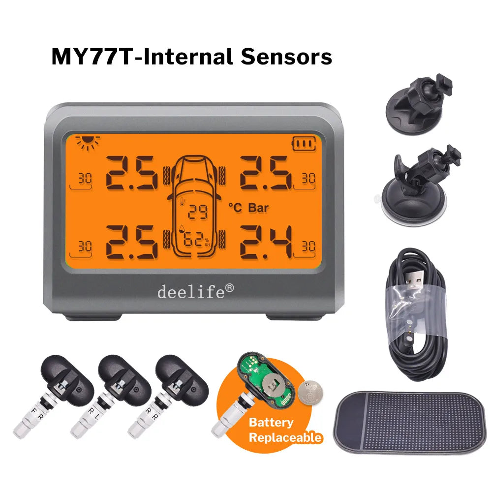 Deelife Car TPMS Solar Tire Pressure Monitoring System For 4 Wheel Alarm Warning With 0-8 Bar Tyre TMPS 4 Sensors