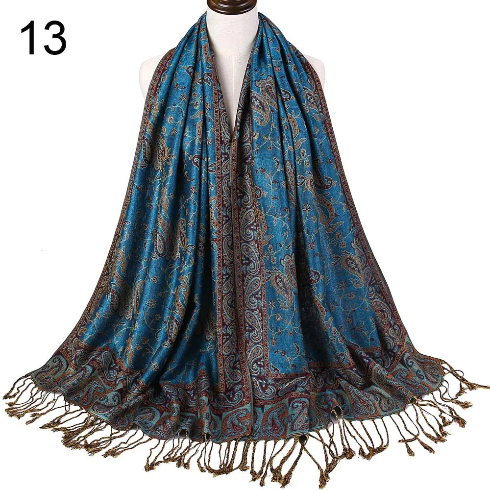 Pashmina Silk Scarf Shawl Wrap Paisley Jacquard Flowers Borders Rave 2 Layers Reversible Classic Tassels For Women 70X180cm 200g