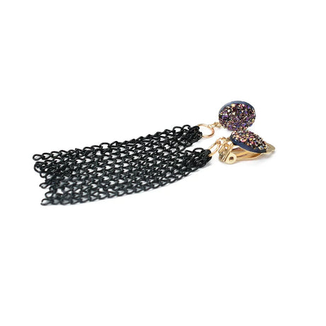 Women Metal Black Long Tassel Chain Earrings No Ear Hole Hanging Druzy Resin Clip Earing Without Piercing