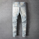 Men Crystal Holes Ripped Patchwork Jeans Streetwear Light Blue Denim Slim Skinny Pencil Pants Trousers