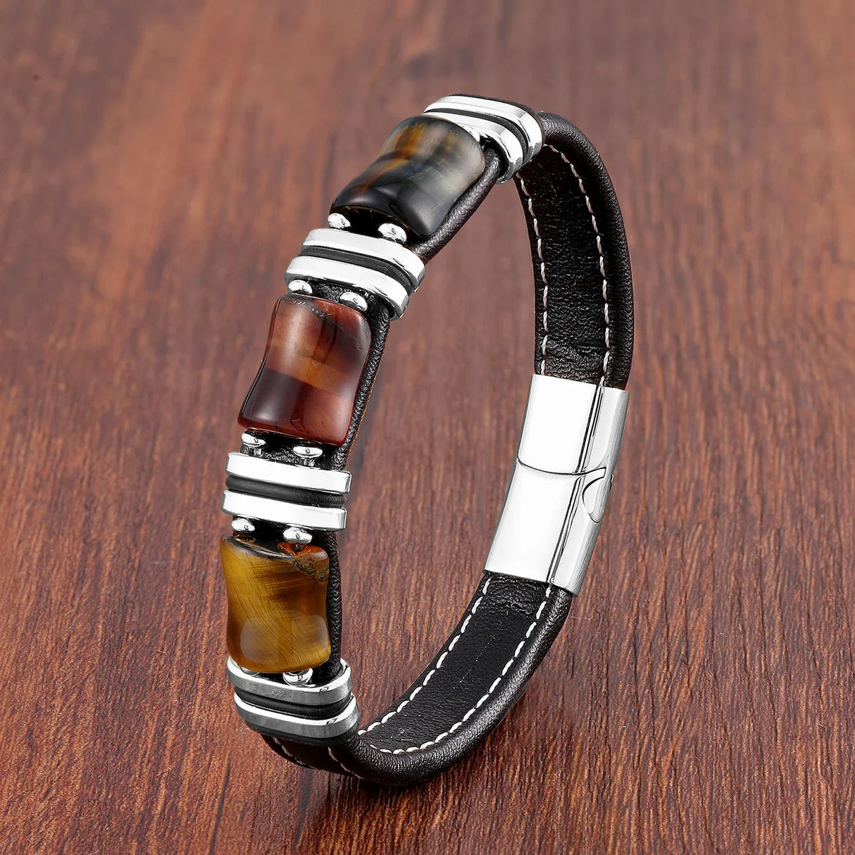 Natural Stone,Tiger Eye Bracelet,Black Leather Rope Chain,Men Bracelet,Stainless Steel Bracelet,Women Fashion Jewelry,Wholesale