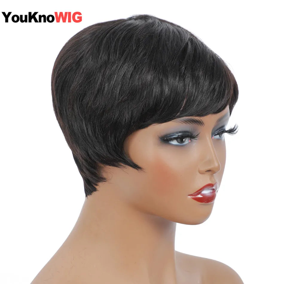 Short Human Hair Wigs Pixie Cut Straight perruque bresillienne for Black Women Machine Made Wigs With Bangs Cheap Glueless Wig