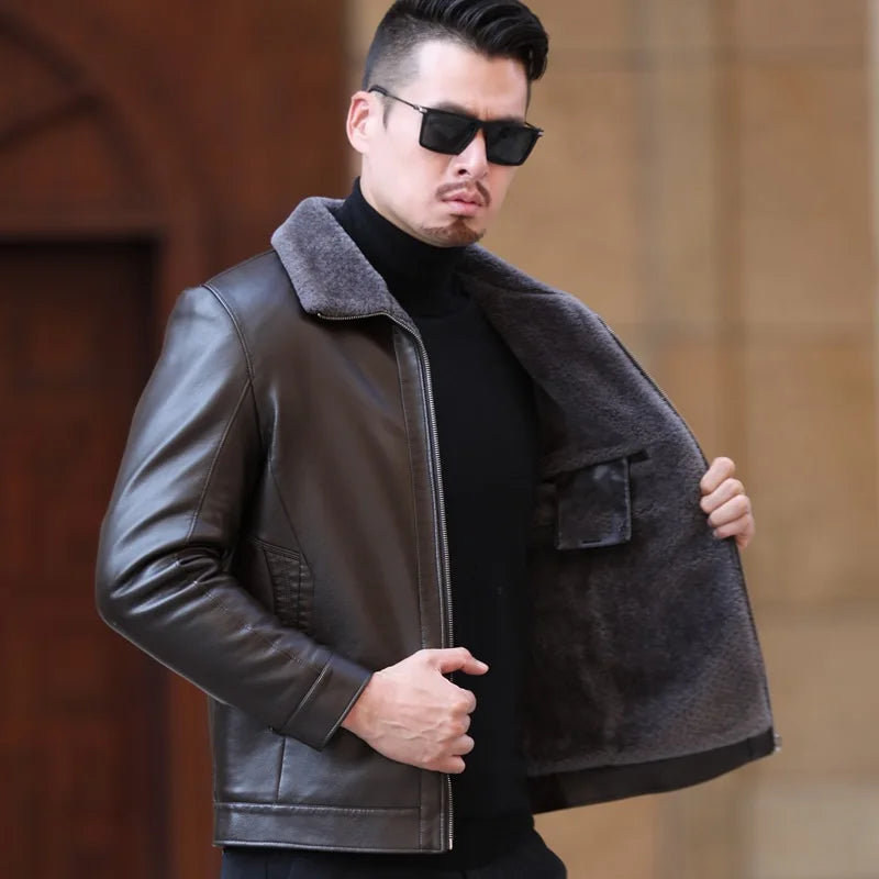 YXL-222 Leather Jacket Men's Fur One Casual Thickened Plus Cashmere Sheep Leather Jacket Short Coat