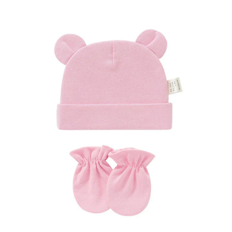 Cute Newborn Birth Set Cotton Soft Baby Nightcap With Ears Fall Winter Hat Gloves 2pcs Kit Prevent Scratching Skin Infant Stuff