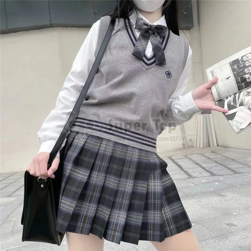 Women's Genuine JK Uniform Vest Thin Spring Autumn Uniform Original Japanese Student Knitted Gilet Vest Short Sleeveless Sweater