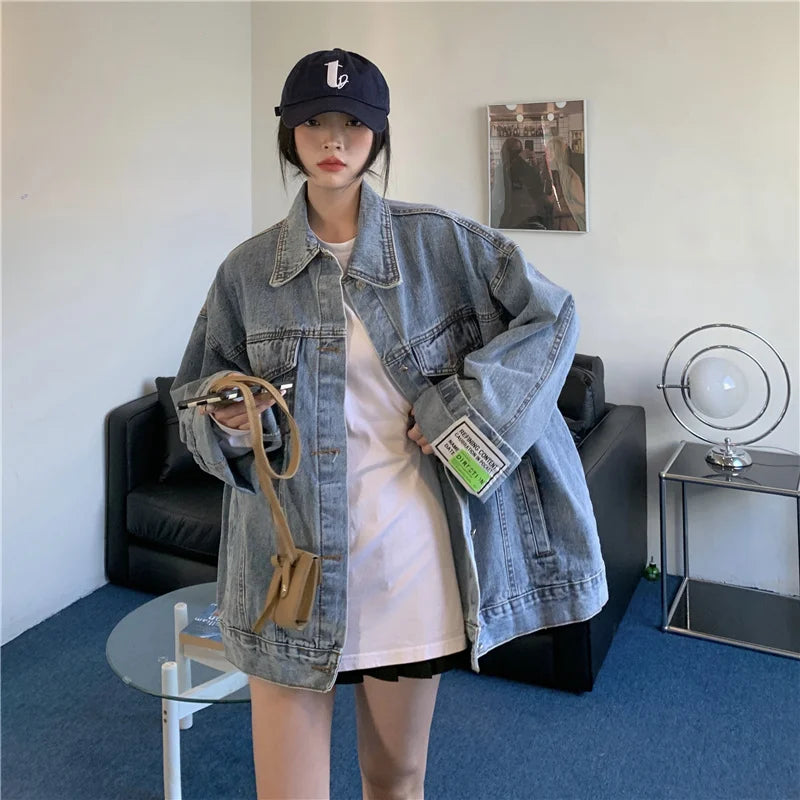 High Street Fashion Oversized Denim Jacket Women Korean Loose Long Sleeve Button Down Jean Jackets Female 2022 New