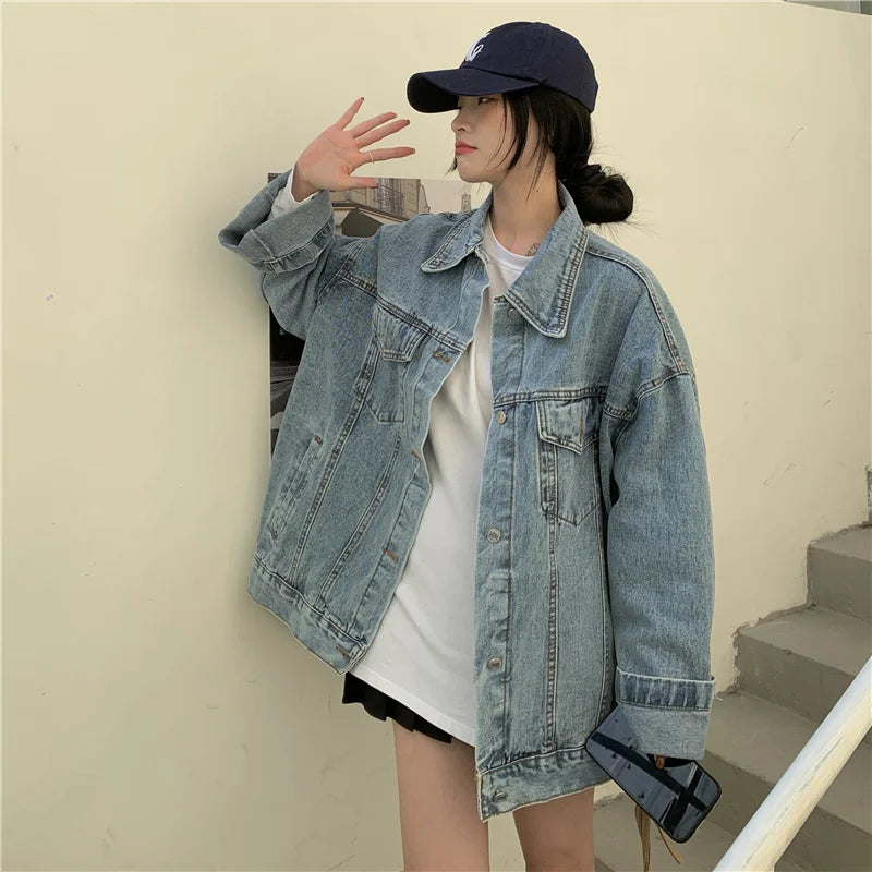 High Street Fashion Oversized Denim Jacket Women Korean Loose Long Sleeve Button Down Jean Jackets Female 2022 New