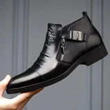 High Top Men Shoes Autumn Men's Casual Leather Shoes Double Sided Zippered Boots Man  Ankle Boots  Pointed Toe  Low (1cm-3cm)