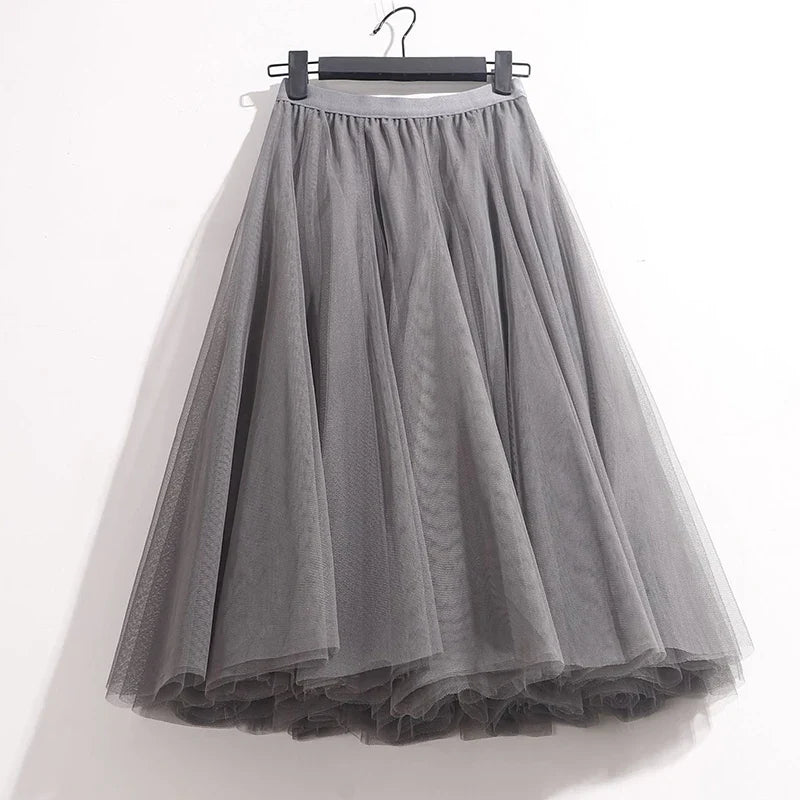 High Waist Solid Midi Pleated Tulle Skirt A-line Mesh Tutu Skirts Womens 2023 Spring Summer