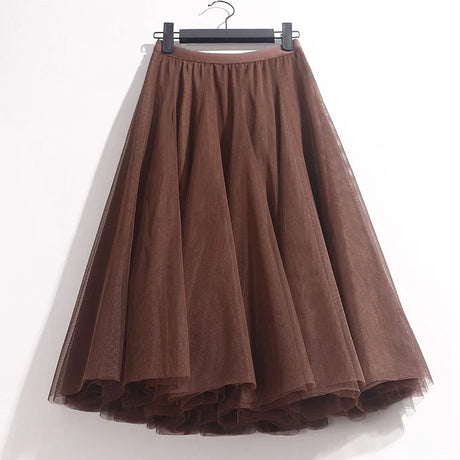 High Waist Solid Midi Pleated Tulle Skirt A-line Mesh Tutu Skirts Womens 2023 Spring Summer