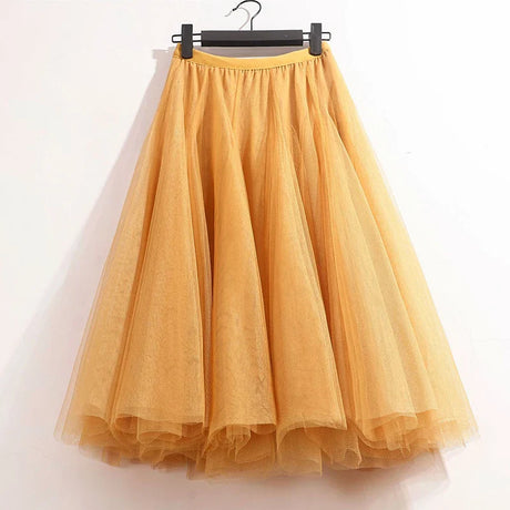 High Waist Solid Midi Pleated Tulle Skirt A-line Mesh Tutu Skirts Womens 2023 Spring Summer