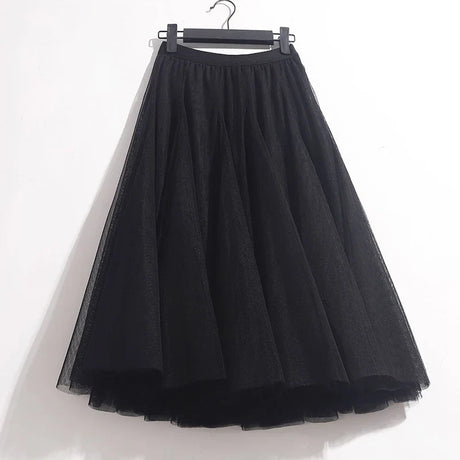 High Waist Solid Midi Pleated Tulle Skirt A-line Mesh Tutu Skirts Womens 2023 Spring Summer