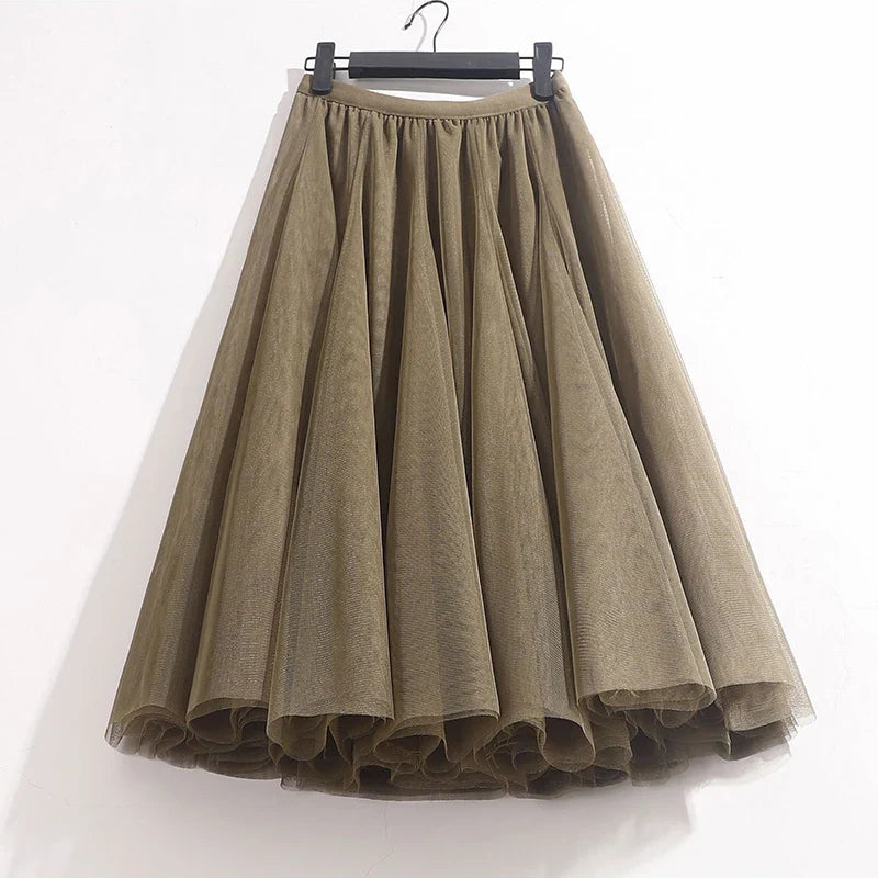 High Waist Solid Midi Pleated Tulle Skirt A-line Mesh Tutu Skirts Womens 2023 Spring Summer