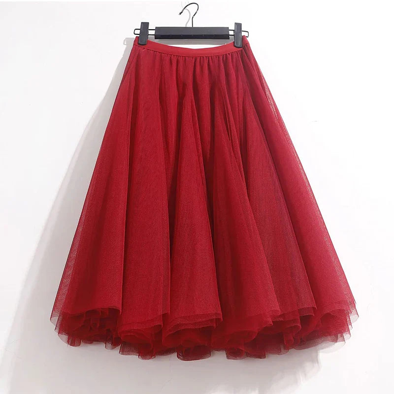 High Waist Solid Midi Pleated Tulle Skirt A-line Mesh Tutu Skirts Womens 2023 Spring Summer