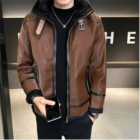 High-end Brand Clothing Men Added Fleece All in One Skin Warm Winter Coat Men's Slim-fit Leather Jacket in Contrasting Colors