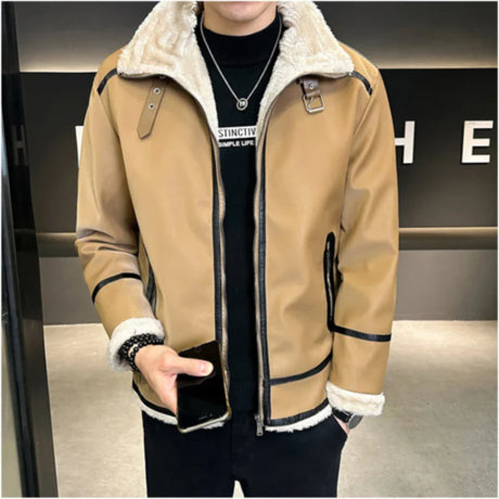 High-end Brand Clothing Men Added Fleece All in One Skin Warm Winter Coat Men's Slim-fit Leather Jacket in Contrasting Colors