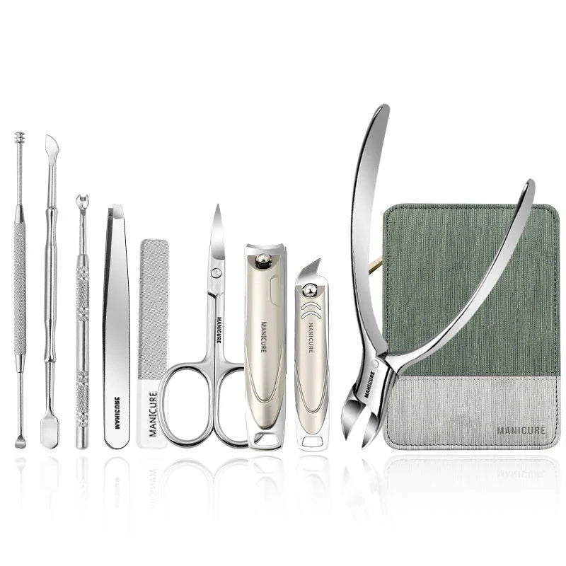 High quality Manicure Set 9 in 1 Professional Practical Kit With leather case Stainless Steel Nail Clippers Personal Care Tool