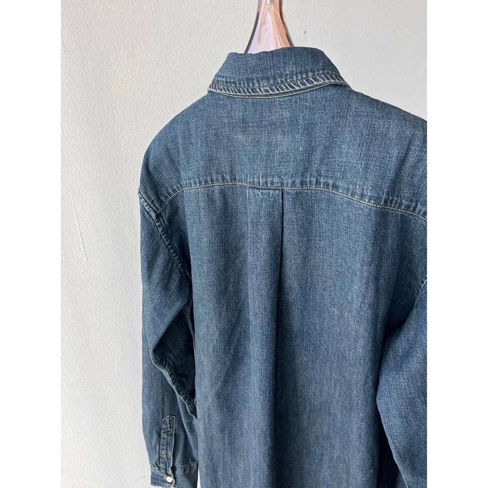 High quality! Women's Classic Old Money Style Vintage Blue Denim Long Sleeve Shirt Top