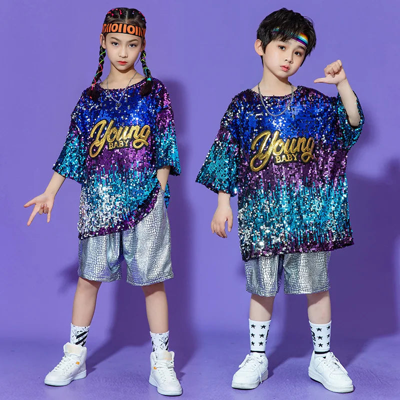 Hip Hop Boys Girl Jazz Dance Street Dance Silvery Shorts Clothes Sets Kids Drumming Performance Multicolour Sequin Clothing