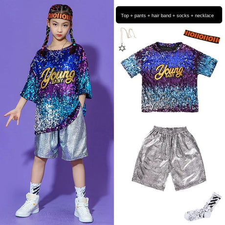 Hip Hop Boys Girl Jazz Dance Street Dance Silvery Shorts Clothes Sets Kids Drumming Performance Multicolour Sequin Clothing