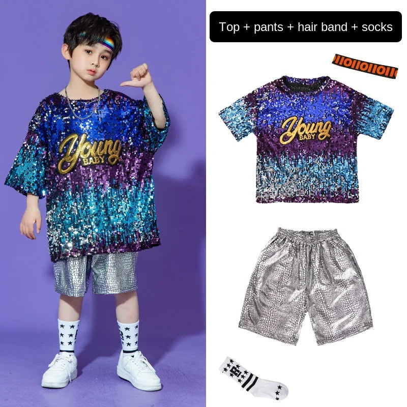 Hip Hop Boys Girl Jazz Dance Street Dance Silvery Shorts Clothes Sets Kids Drumming Performance Multicolour Sequin Clothing