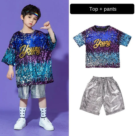 Hip Hop Boys Girl Jazz Dance Street Dance Silvery Shorts Clothes Sets Kids Drumming Performance Multicolour Sequin Clothing