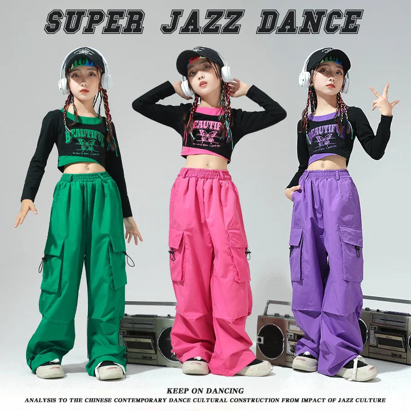 Hip Hop Girls Lovely Crop Top Candy Color Pants Child Street Dance Sweatshirt Streetwear Clothes Sets Kids Jazz Joggers Costumes