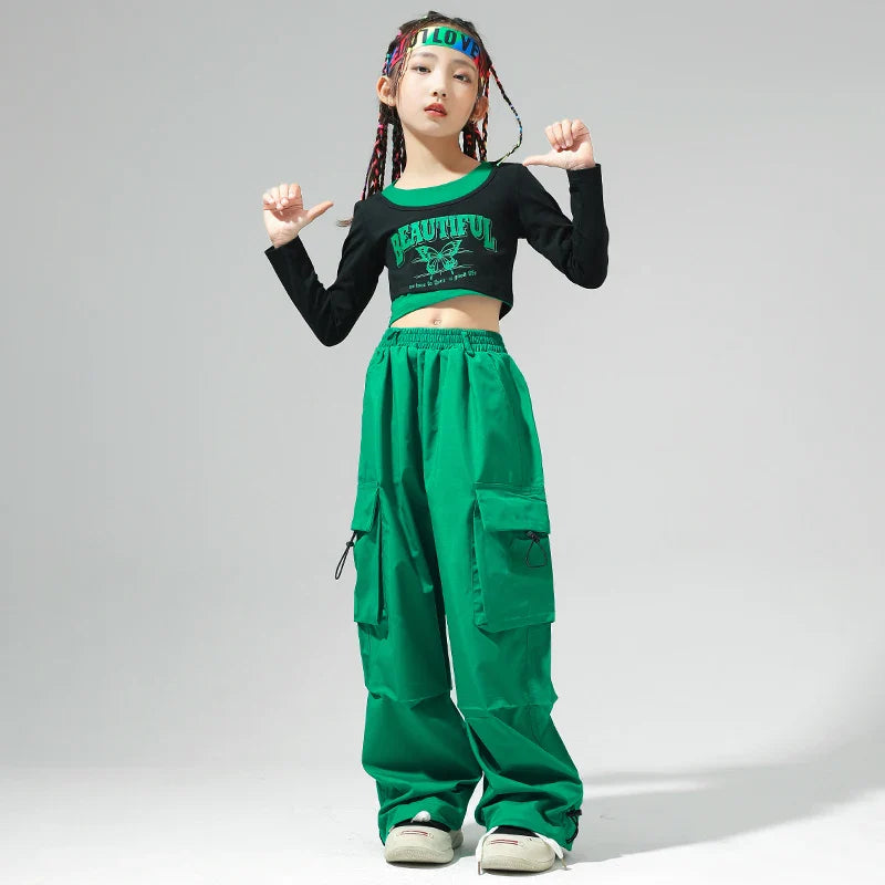 Hip Hop Girls Lovely Crop Top Candy Color Pants Child Street Dance Sweatshirt Streetwear Clothes Sets Kids Jazz Joggers Costumes