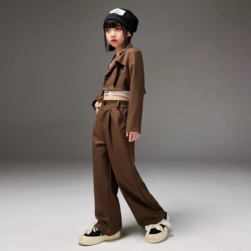 Hip Hop Outfits Girls Performance Wear Brown Blazer Tops Loose Casual Pants Set Fashion Streetwear Jazz Dance Costumes for Kids