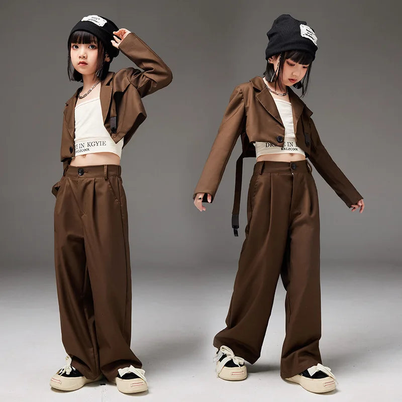 Hip Hop Outfits Girls Performance Wear Brown Blazer Tops Loose Casual Pants Set Fashion Streetwear Jazz Dance Costumes for Kids